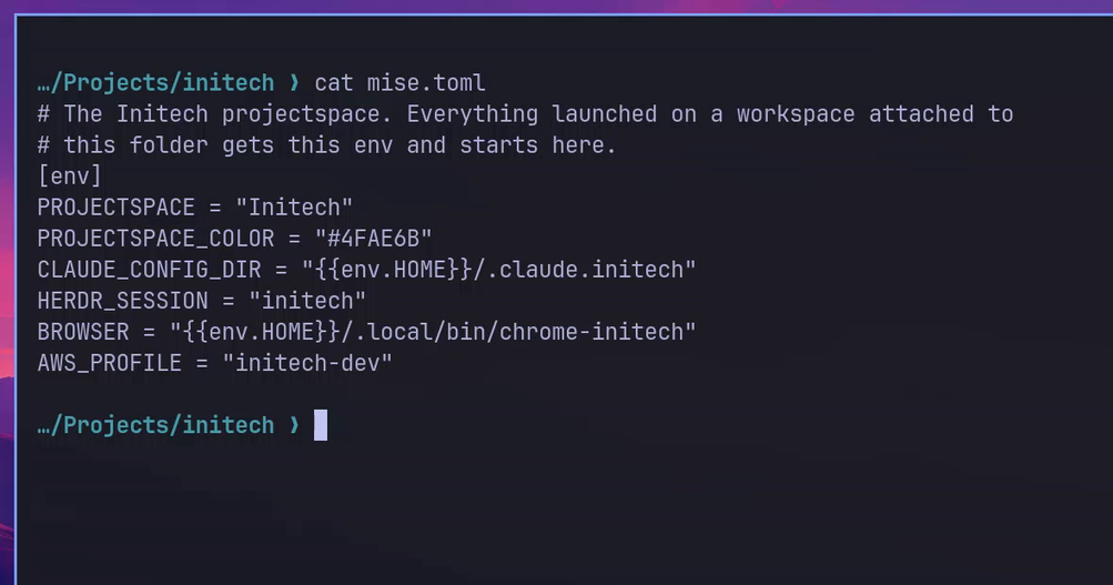 A terminal showing the Initech mise.toml and omaprojectspace list.