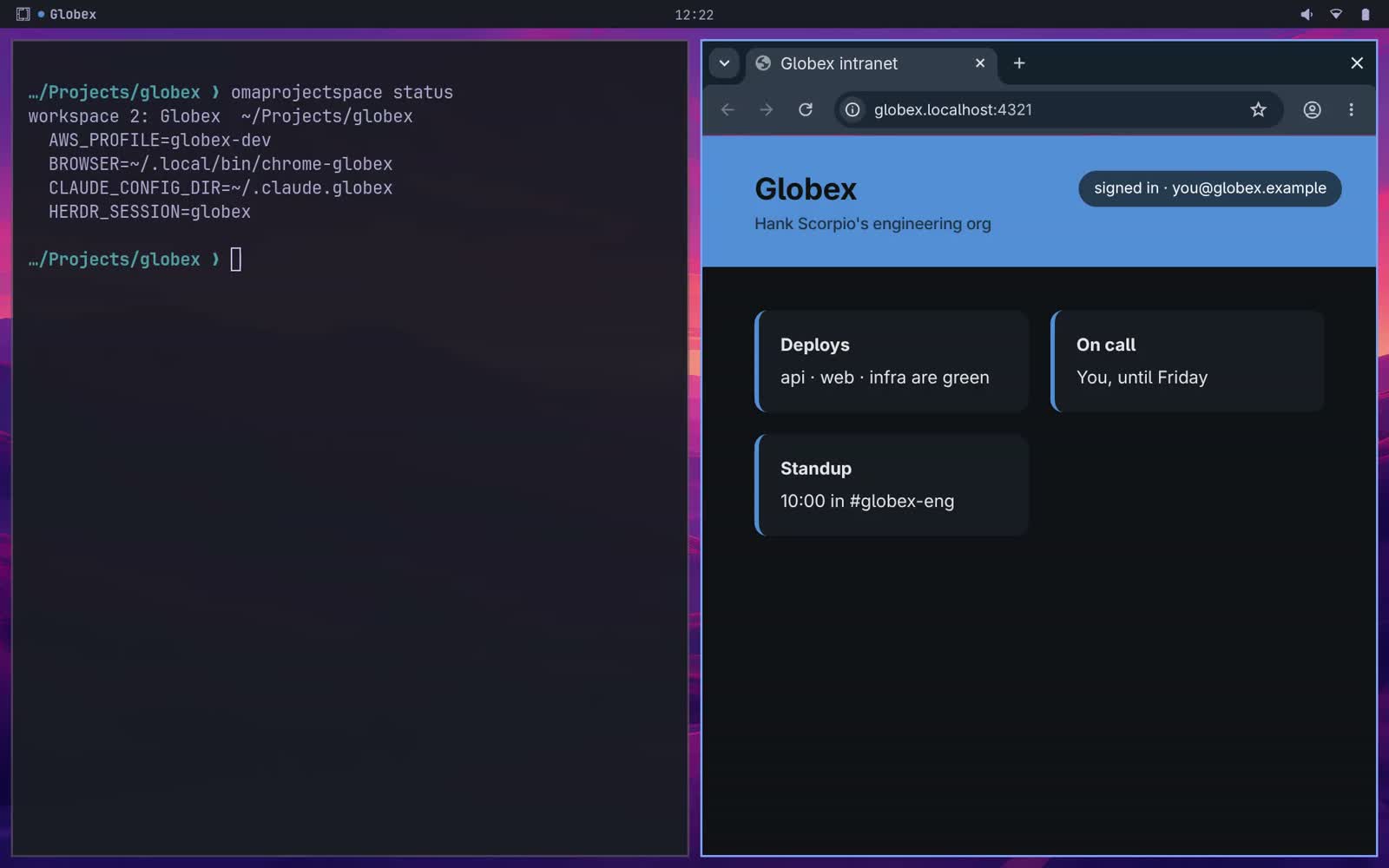 Workspace 2, Globex: a terminal in ~/Projects/globex showing Globex's env, next to Chrome in the Globex profile on the Globex intranet.
